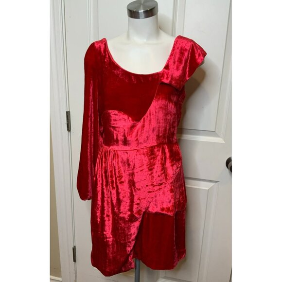 Michael Van Der Ham Red Velvet One Sleeve Mini Holiday Dress, Size 6 US | 10 UK - Picture 2 of 7